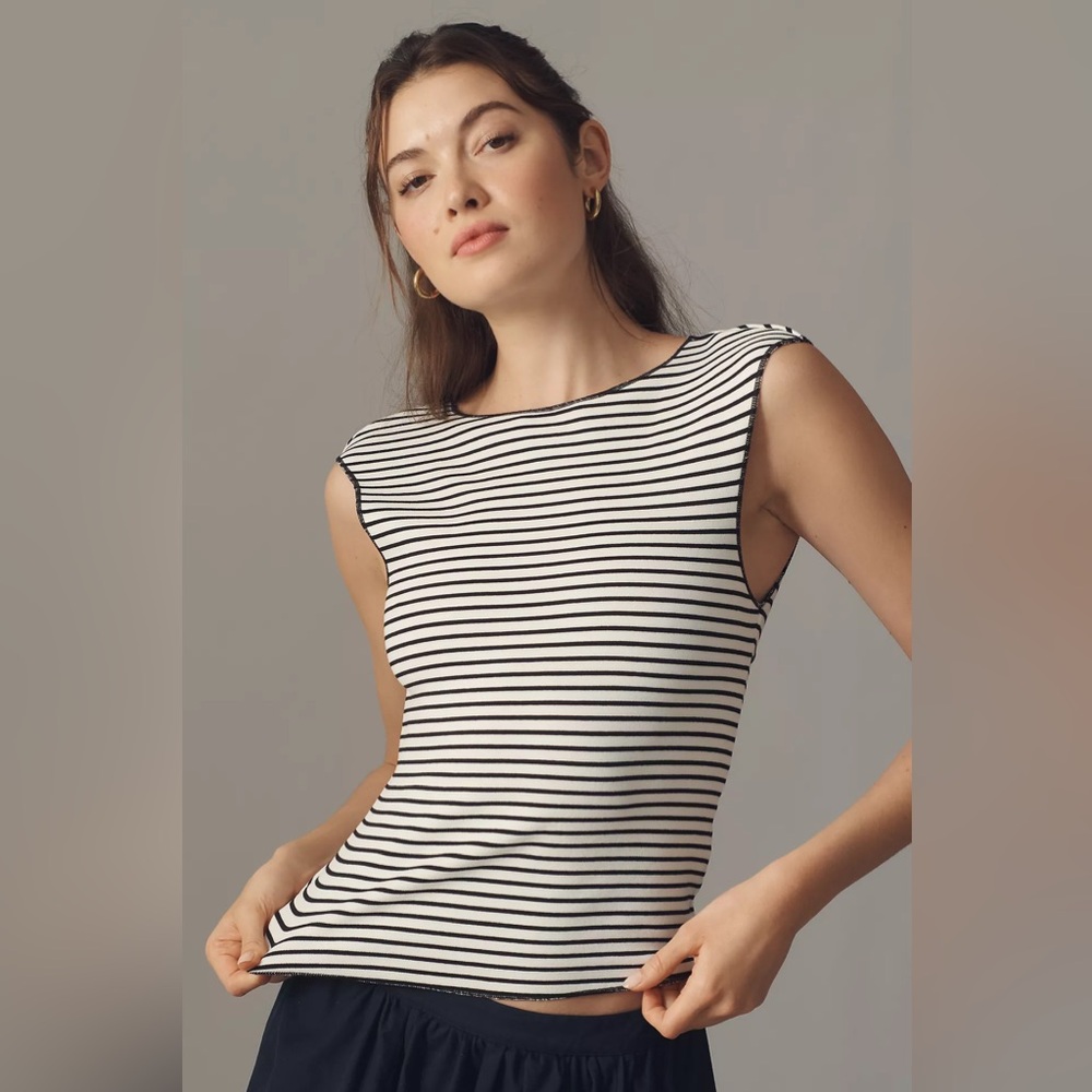 NWT Anthropologie Maeve Fitted Cap-Sleeve Top, Black/White Stripes, Size Small